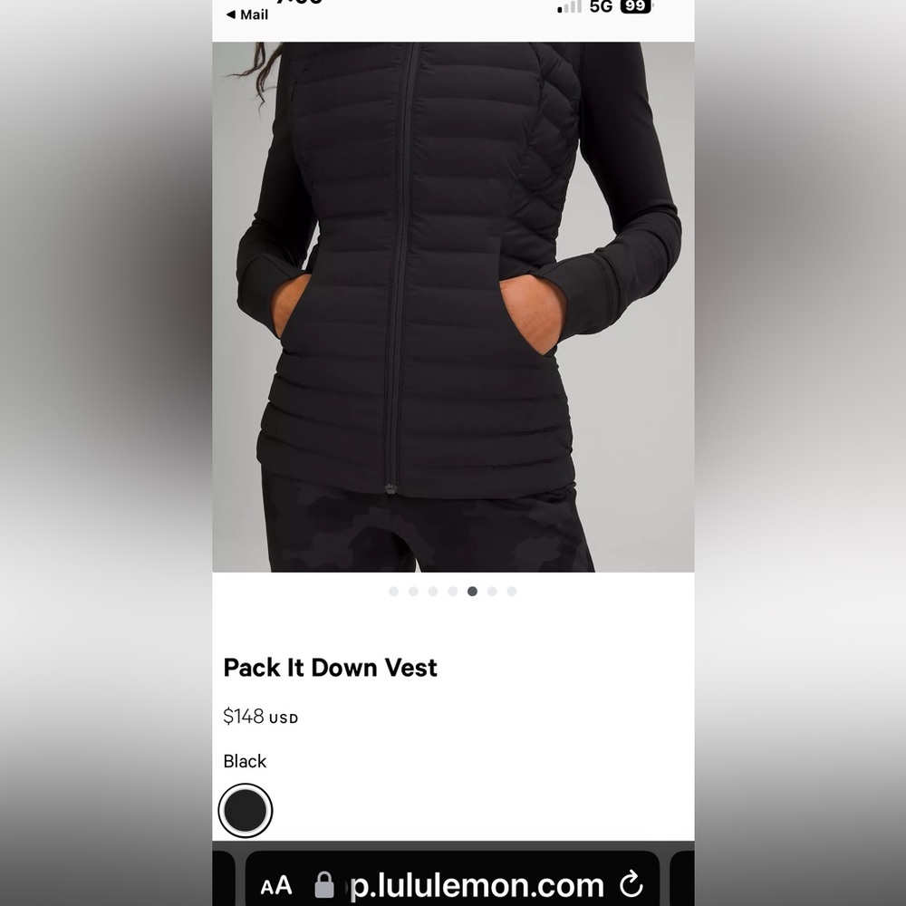 Lululemon, like new, pack it down black vest size 2